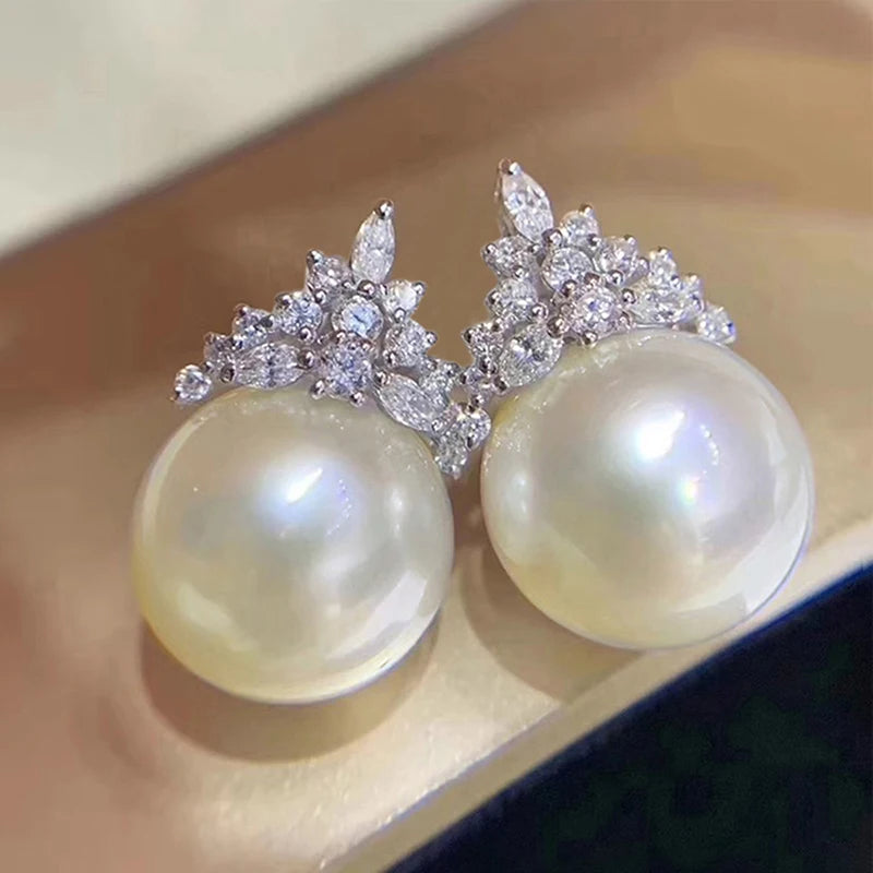 Huitan Luxury Imitation Pearl Drop Earrings Lady Engagement Accessories with Shiny Zirconia-losil