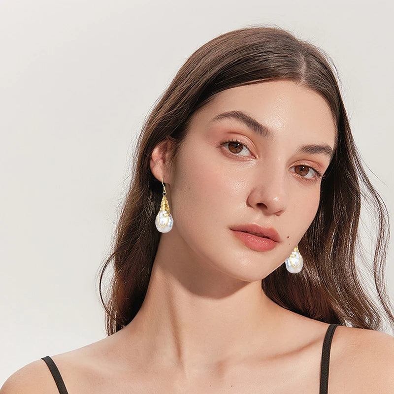 Anziw Natural Large Baroque Pearl Drop Earrings 925 Silver Handmade Wire Wrap-losil