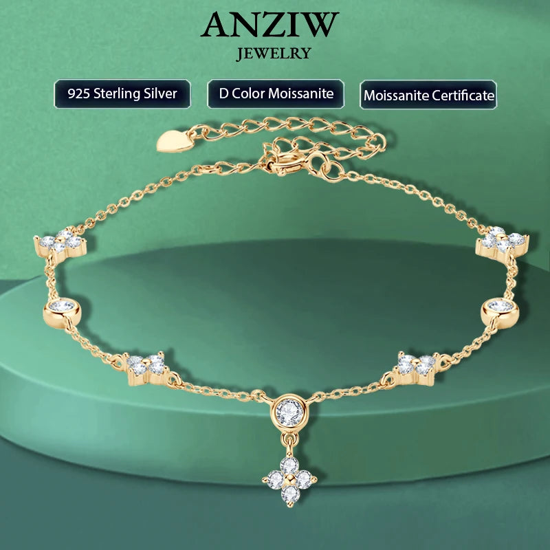 Anziw Silver 925 Clover Flower Bracelet Certified D Color Moissanite Bracelets Gold-losil