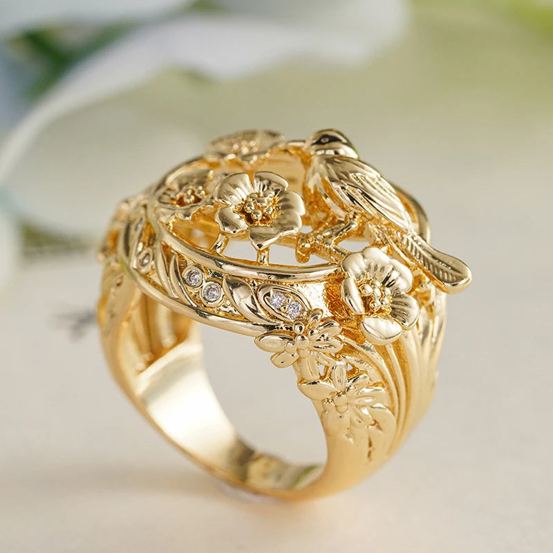 Huitan Hollow Flower Bird Design Gold Color Rings for Women Fancy Wedding-losil