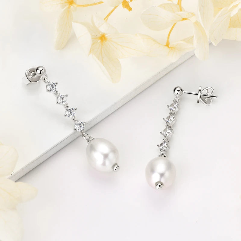 Anziw 100% 925 Sterling Silver Freshwater Pearl Drop Hook Hoop Earrings for-losil
