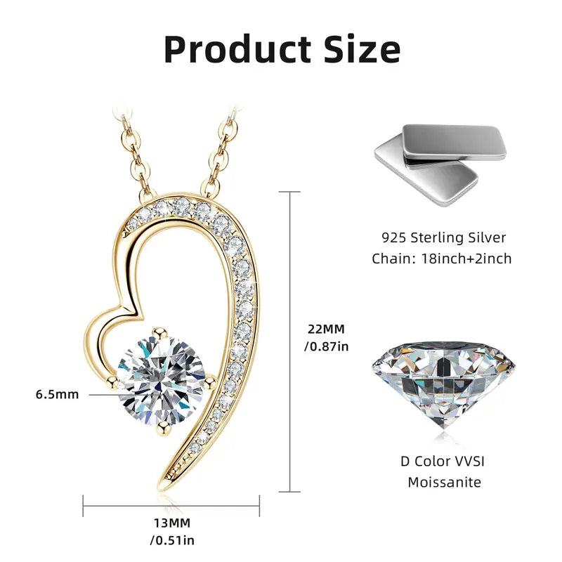 Anziw Real 925 Silver Heart Pendant Necklace Moissanite 1CT 6.5mm S925 Chain-losil