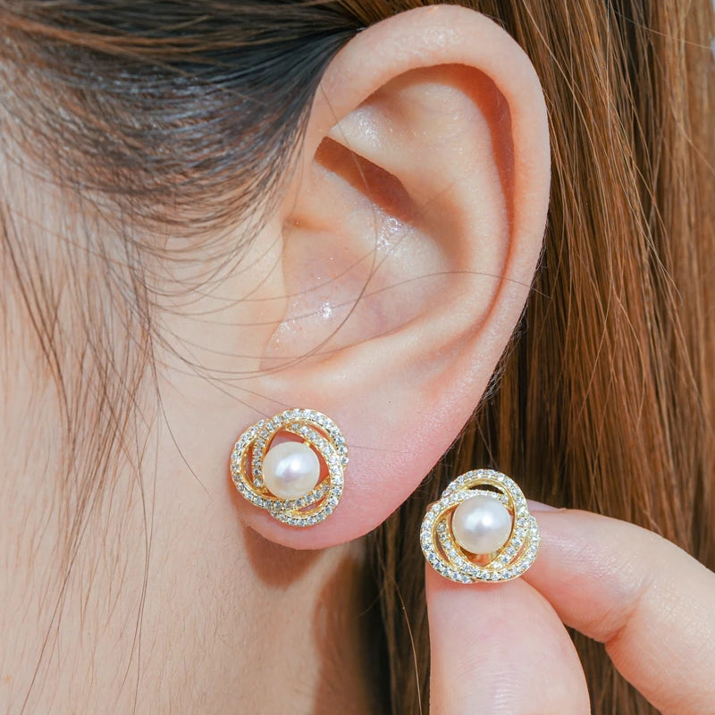 Anziw Natural Freshwater Pearl Stud Earrings for Women Real 925 Silver Elegant-losil