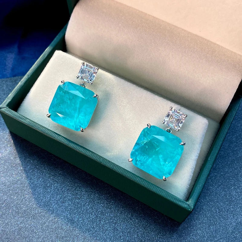 OEVAS Solid 925 Sterling Silver Fashion Paraiba Tourmaline Gemstone Drop Earrings Sparkling-losil