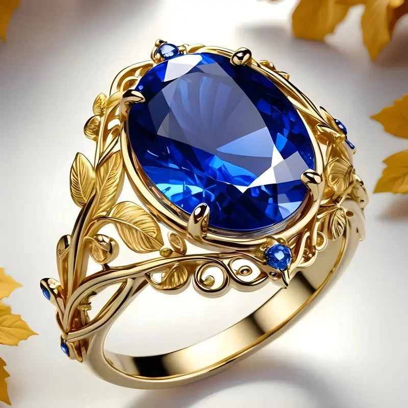 Huitan Creative Blue Cubic Zirconia Rings for Women Stylish Noble Leaf Design-losil