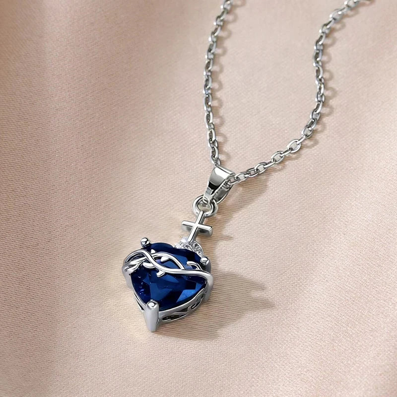 Huitan Orange Red/Green/Blue Heart Cubic Zirconia Pendant Necklace for Women Luxury Trendy-losil