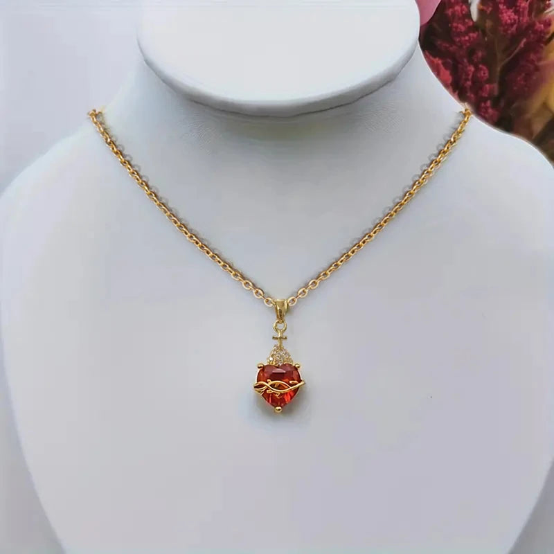Huitan Orange Red/Green/Blue Heart Cubic Zirconia Pendant Necklace for Women Luxury Trendy-losil