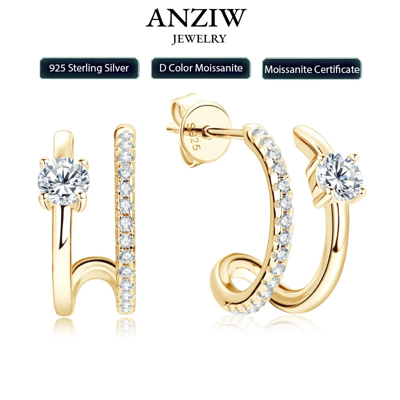 Anziw NEW 4mm Moissanite Piercing Stud Ear Cuffs 925 Sterling Silver Double-losil