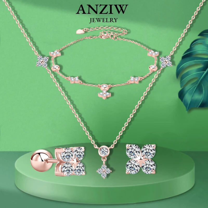 925 Silver Clover Flower Jewelry Sets for Women Moissanite Pendant Necklace Earrings-losil