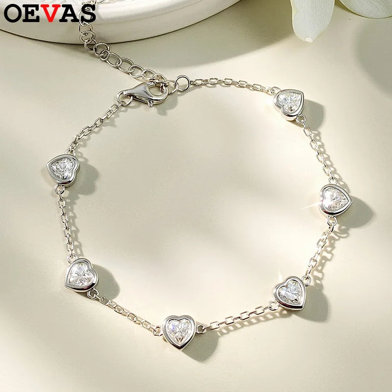 OEVAS 4MM Heart Moissanite Bracelets S925 Silver plated 18K gold Sparkling Wedding-losil