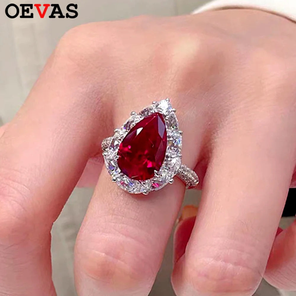 OEVAS 100% S925 Silver 4CT 8*12mm Pear Cut Full Zircon Ring For-losil