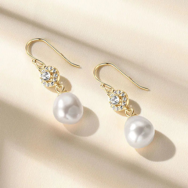 Anziw 100% 925 Sterling Silver Freshwater Pearl Drop Hook Hoop Earrings for-losil