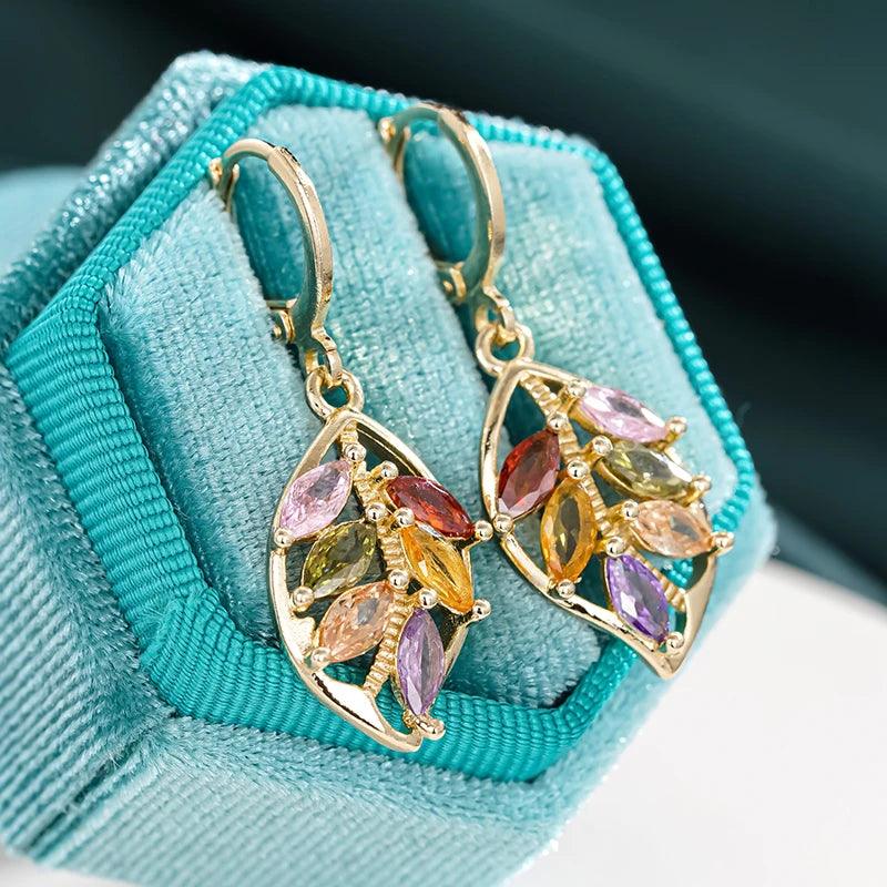 Huitan Brilliant Leaves Drop Earrings with Colorful CZ Graceful Charming Ear Accessories-losil