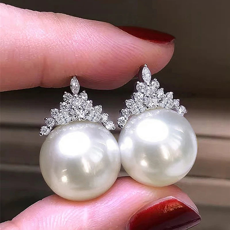 Huitan Luxury Imitation Pearl Drop Earrings Lady Engagement Accessories with Shiny Zirconia-losil
