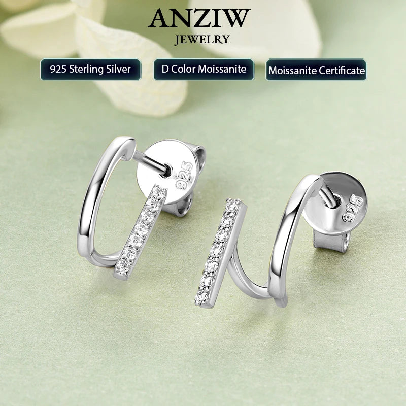 ANZIW 925 Sterling Silver Irregular Stud Earrings Cuff for Women Moissanite Diamond-losil