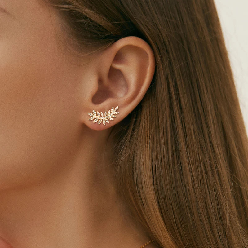 Leaf-Shaped Stud Earrings Climber 925 Sterling Silver D Color Moissanite Earrings for-losil