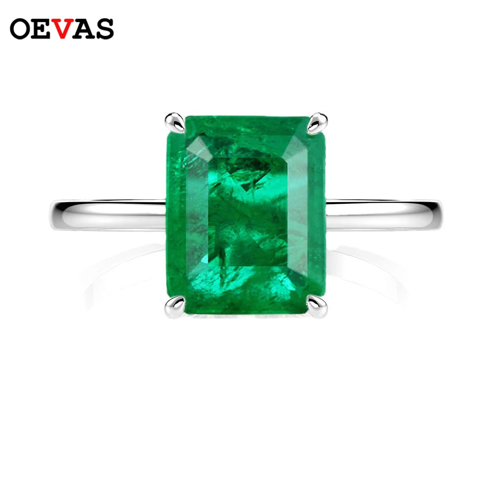 OEVAS Solid 925 Sterling Silver 4 Carat Emerald High Carbon Diamond Rings-losil