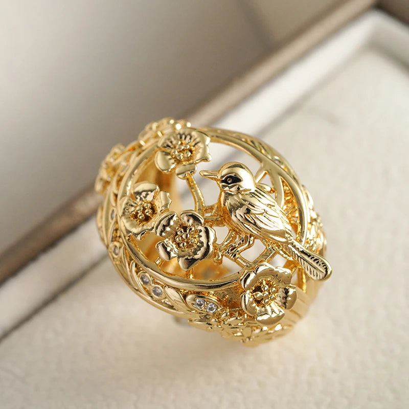 Huitan Hollow Flower Bird Design Gold Color Rings for Women Fancy Wedding-losil
