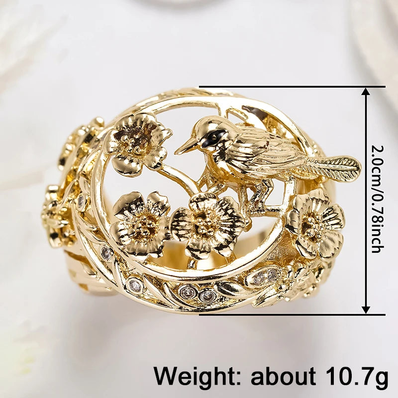 Huitan Hollow Flower Bird Design Gold Color Rings for Women Fancy Wedding-losil