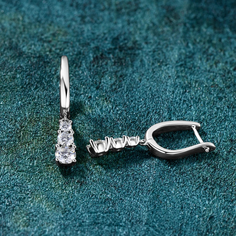 Anziw Three Stone Trilogy Clip Earrings 925 Sterling Silver 1.8CTW. Moissanite Pendant-losil