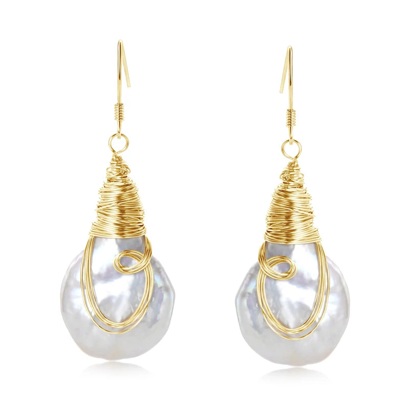 Anziw Natural Large Baroque Pearl Drop Earrings 925 Silver Handmade Wire Wrap-losil