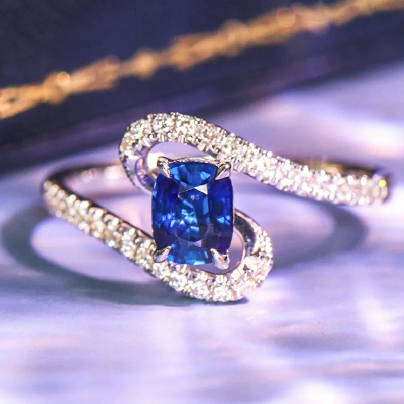 Huitan Elegant Oval Blue Cubic Zirconia Rings for Women Full Paved Dazzling-losil
