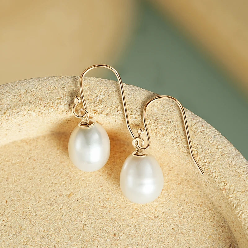 Anziw 100% 925 Sterling Silver Freshwater Pearl Drop Hook Hoop Earrings for-losil