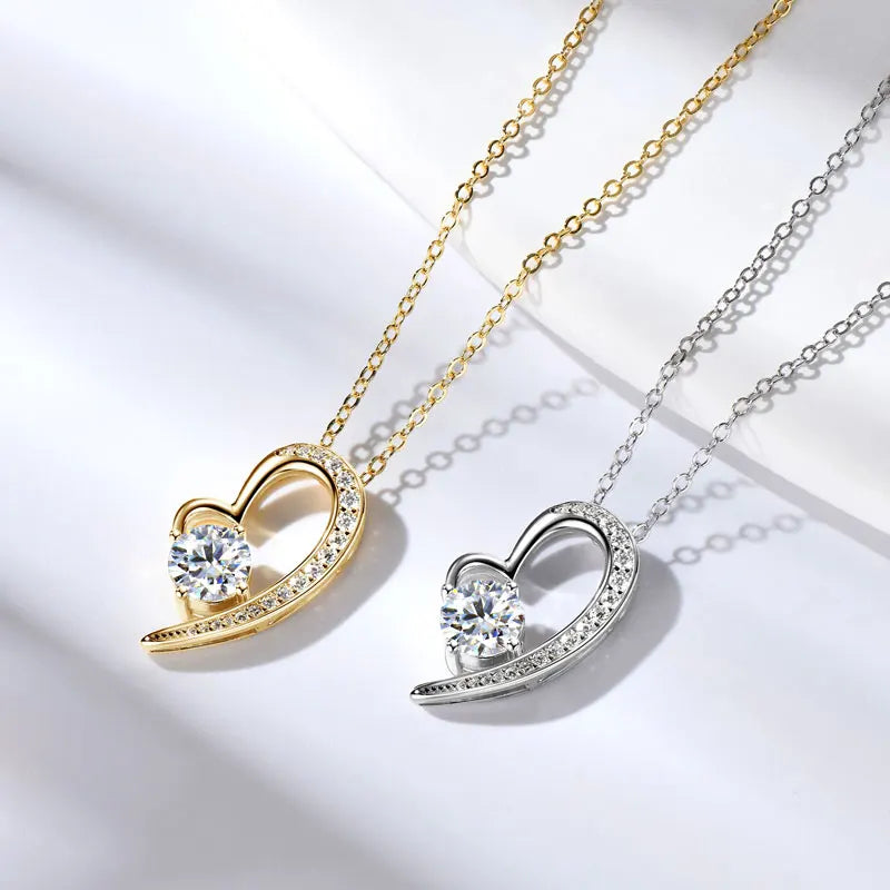Anziw Real 925 Silver Heart Pendant Necklace Moissanite 1CT 6.5mm S925 Chain-losil