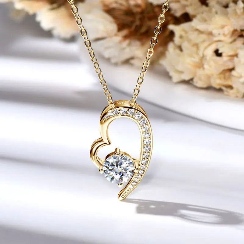Anziw Real 925 Silver Heart Pendant Necklace Moissanite 1CT 6.5mm S925 Chain-losil