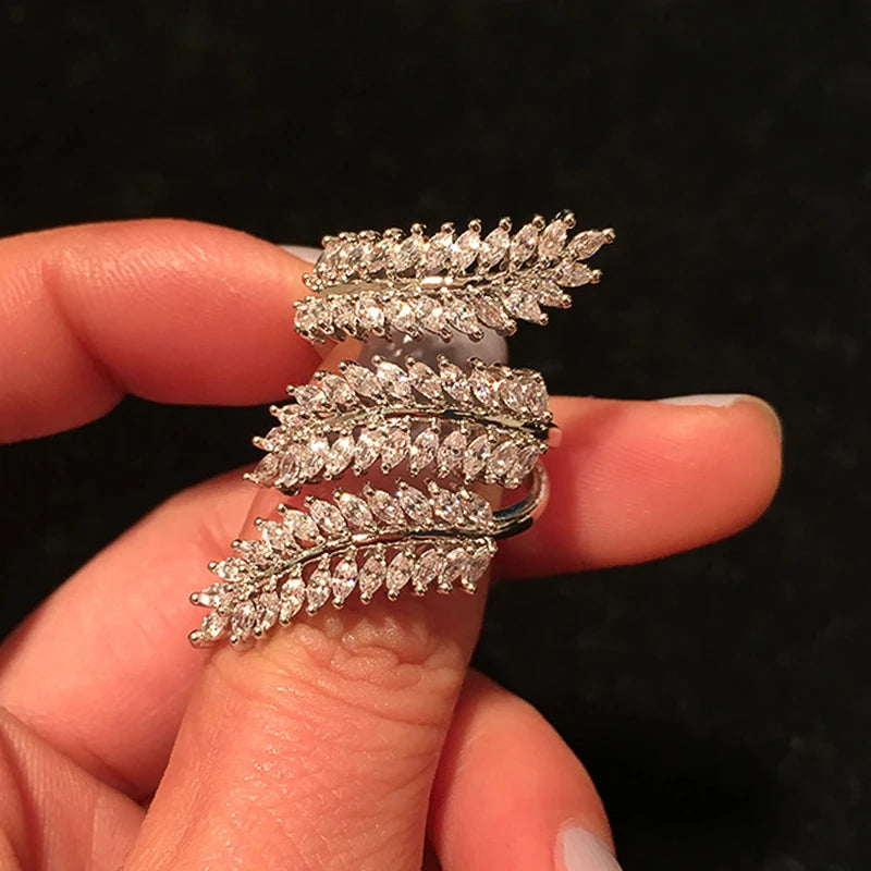 Huitan Bling Bling Female Rings Full with Marquise Cubic Zirconia Leaf Shaped-losil