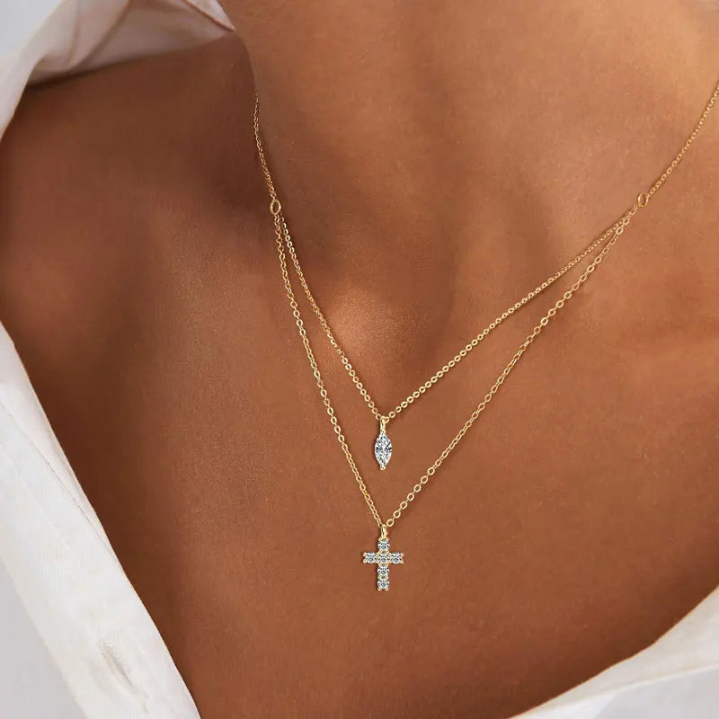 Anziw Moissanite Cross Pendant Double Layers Necklace for Women 925 Sterling Silver-losil