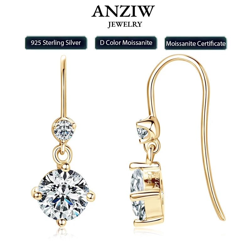 Anziw Hook Earrings Real 925 Silver 6.5mm 1ct Round Moissanite Drop Dangle-losil