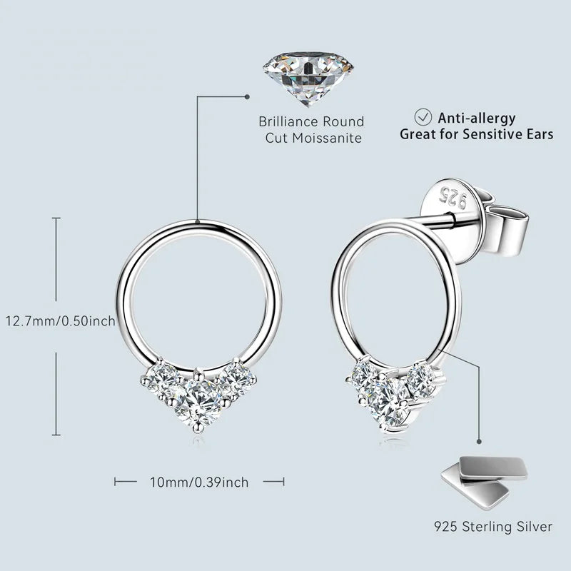 3-stone D Color Moissanite Drop Earrings 925 Silver Simple Circle Studs Piercing-losil