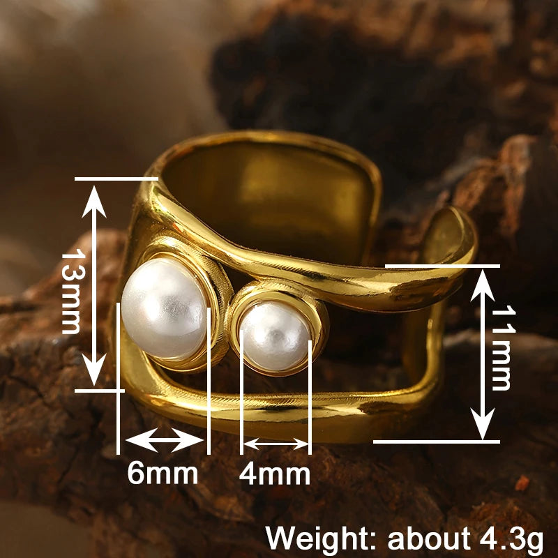 Huitan Trendy Metal Gold Color Double Layer Imitation Pearl Rings for Women-losil