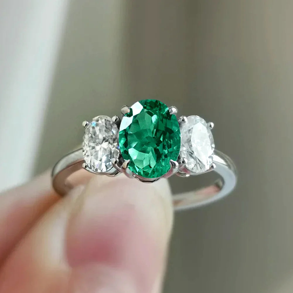 OEVAS 2/4CT Lab Grown Colombian/Zambian Emerald Ring for Women S925 Silver Oval-losil