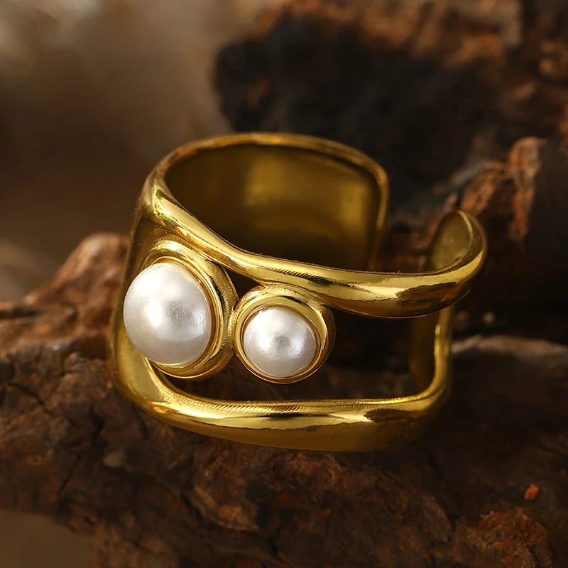 Huitan Trendy Metal Gold Color Double Layer Imitation Pearl Rings for Women-losil
