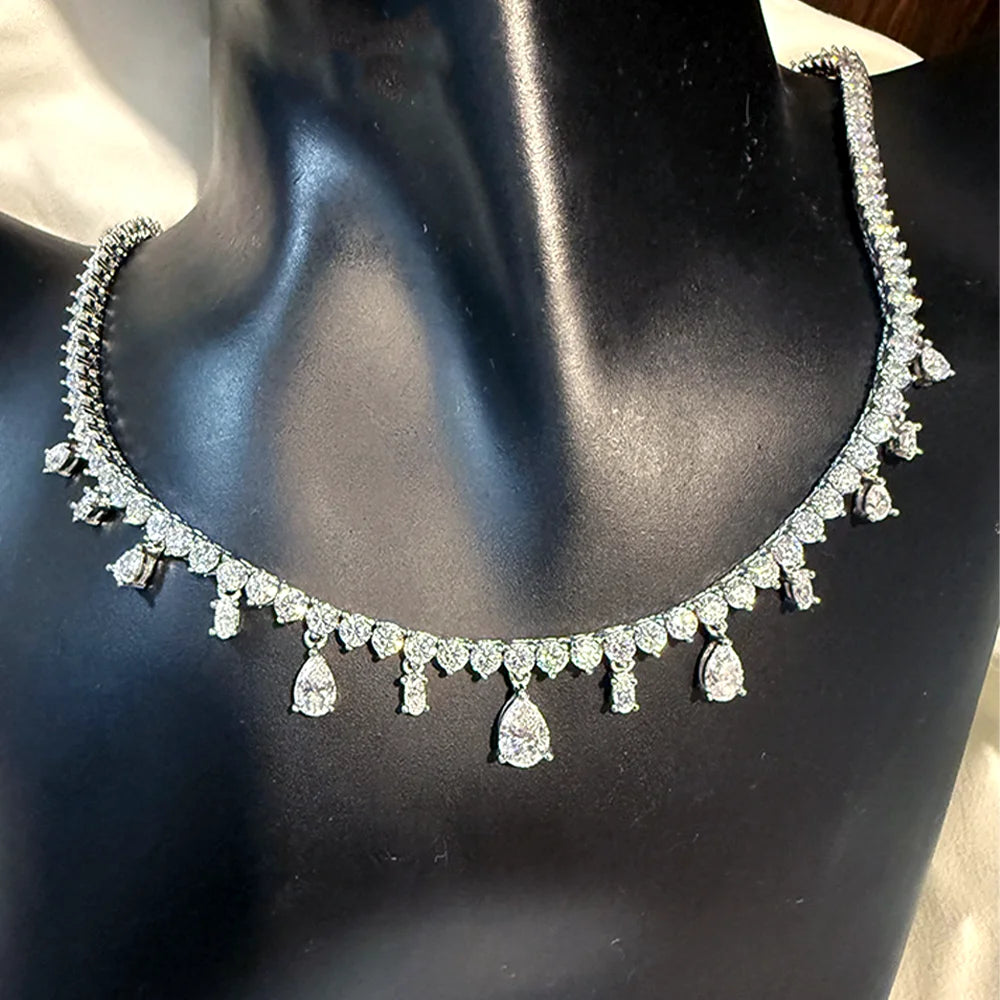 OEVAS Waterdrop Full Moissanite Tennis Necklace for Women S925 Silver Pear Cut-losil