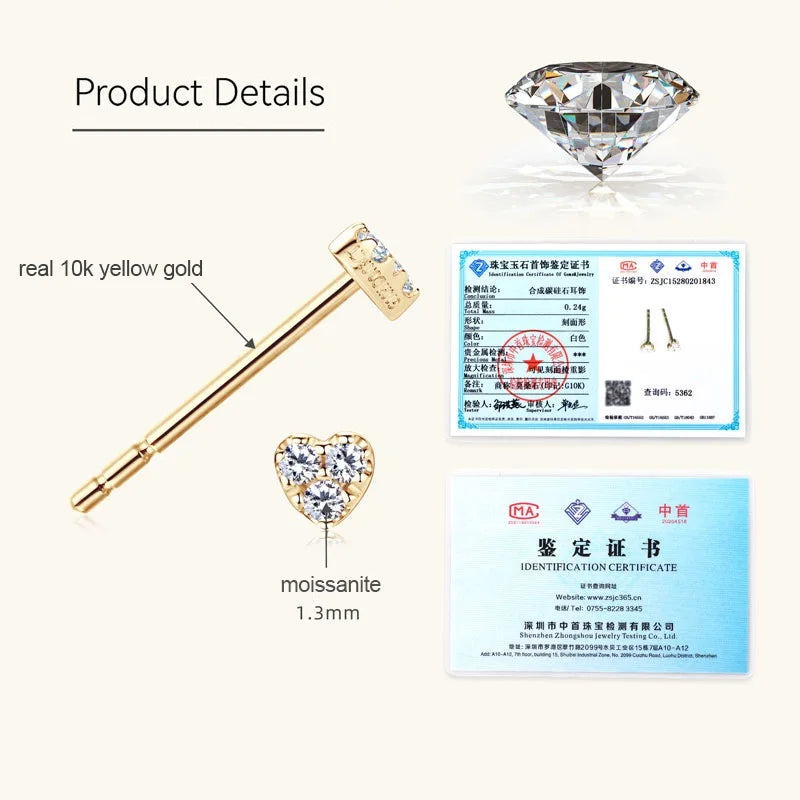 Solid 10K Yellow Gold Moissanite Earrings for Women Super Mini Heart Studs-losil