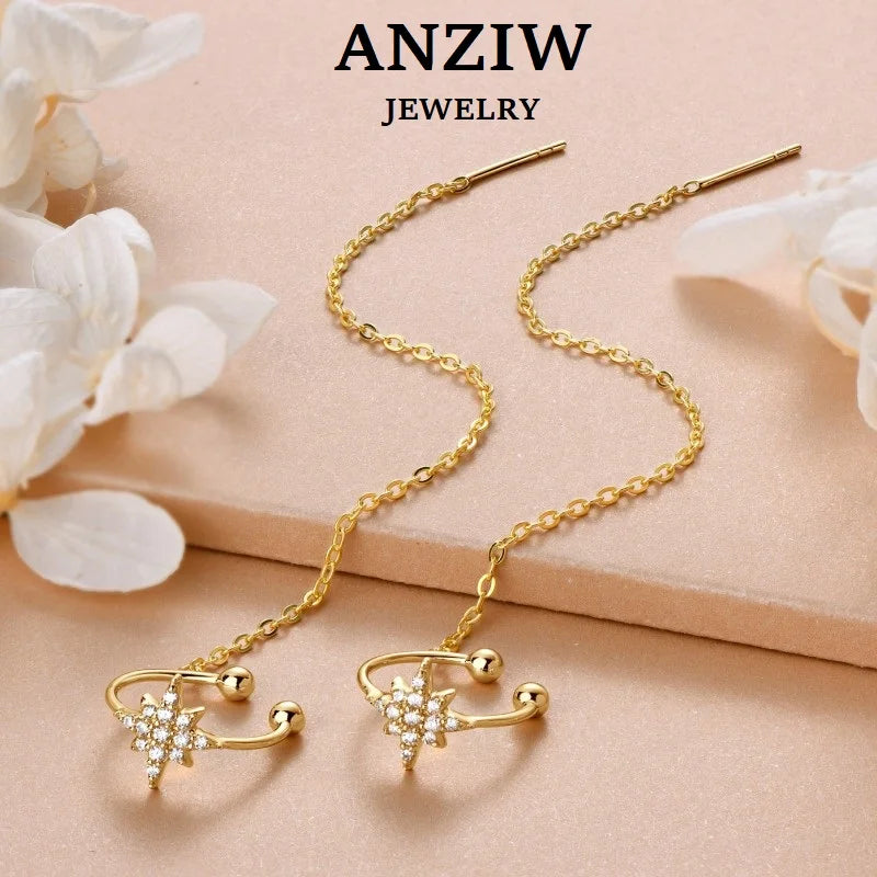 Anziw Moissanite Star Ear Line Cuff Crawler Climber Earrings for Women 925-losil