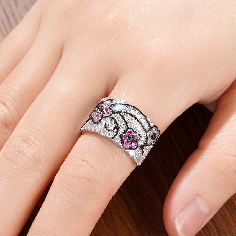Huitan Shinning Flower Design Finger Ring Female Luxury Lady Aesthetic Fashion Jewelry-losil