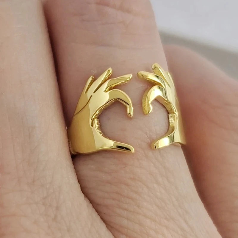 Huitan Double Hand Heart Love Couple Rings Fashionable Adjustable Opening Rings for-losil
