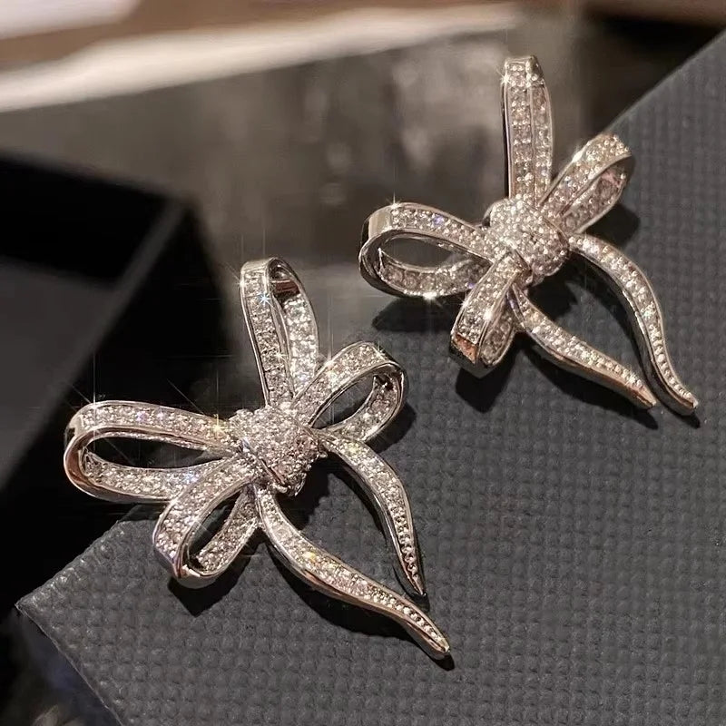 Huitan Big Bow Stud Earrings Modern Fashion Sparkling Earrings for Women Crystal-losil