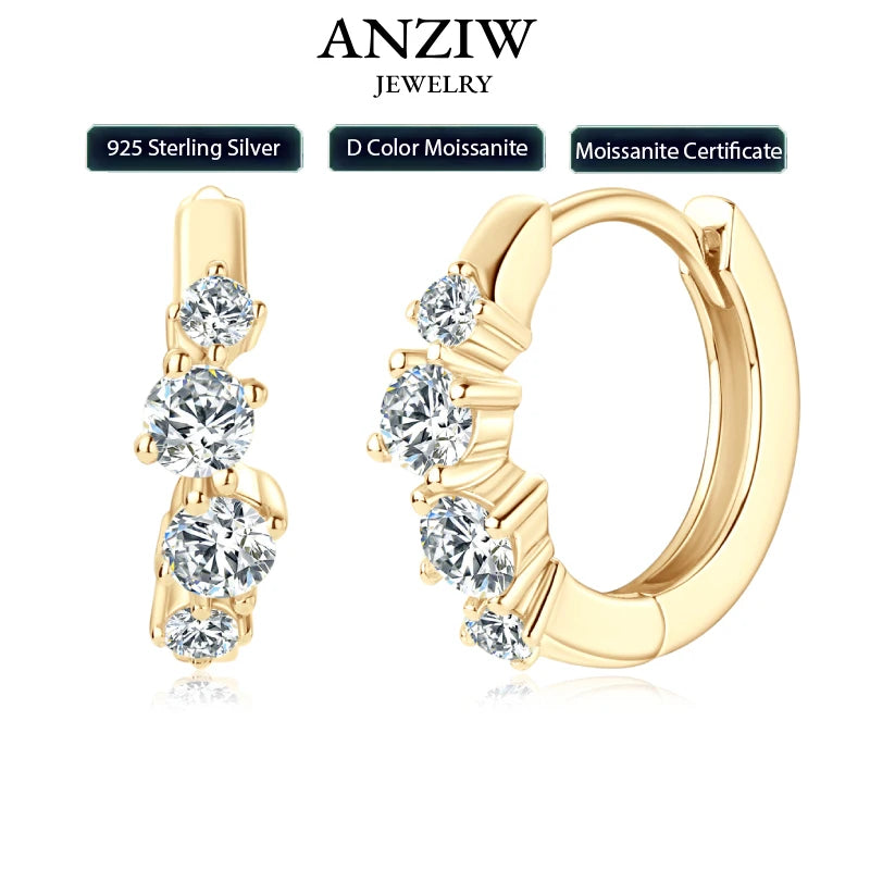 Anziw 925 Sterling Silver 4 Stones Moissanite Irregular Hoops Huggie Earrings for-losil