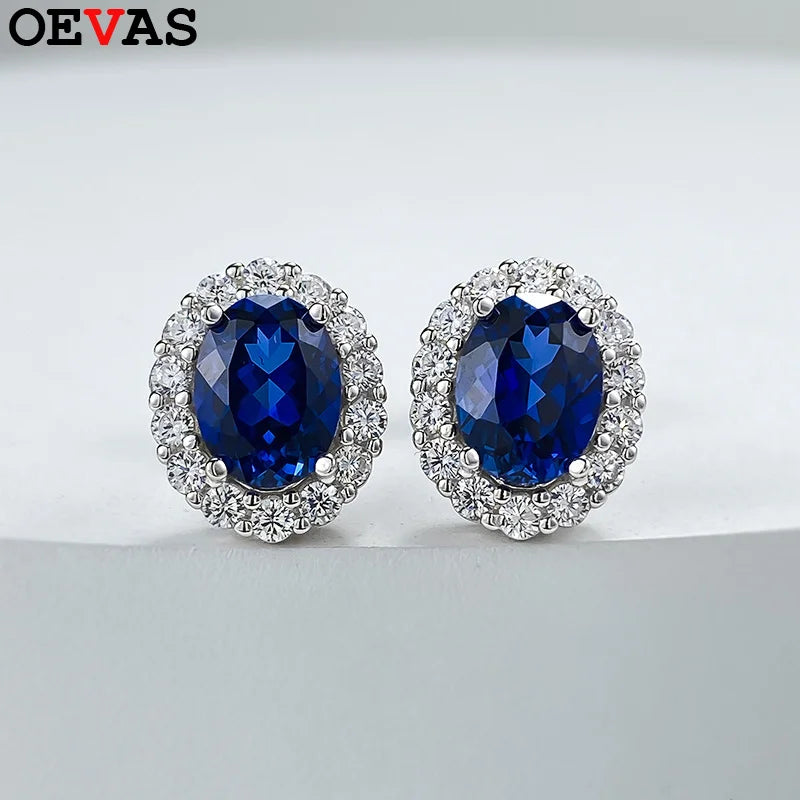 OEVAS Classic Oval 6*8mm Red/Blue Zircon Stud Earrings For Women 100% 925-losil