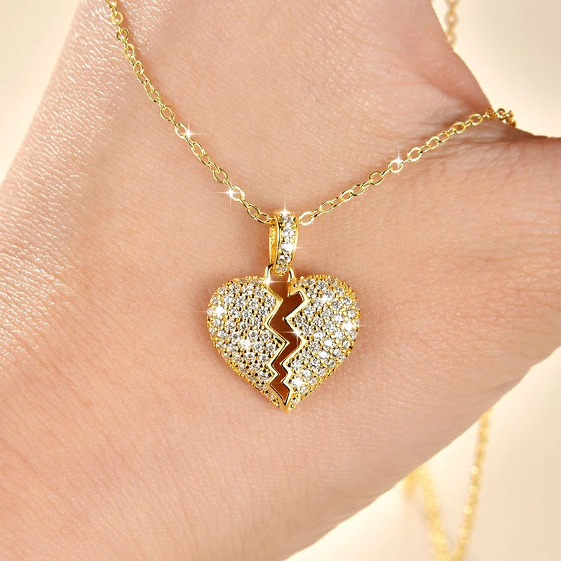 Anziw Cubic Zirconia Broken Heart Pendant Necklace Cracked Heart Iced Out Pendant-losil