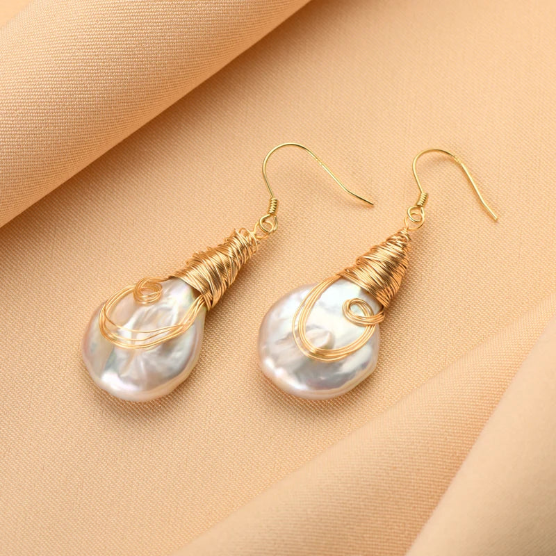Anziw Natural Large Baroque Pearl Drop Earrings 925 Silver Handmade Wire Wrap-losil
