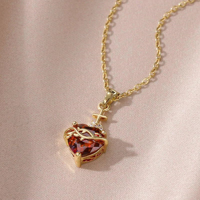 Huitan Orange Red/Green/Blue Heart Cubic Zirconia Pendant Necklace for Women Luxury Trendy-losil