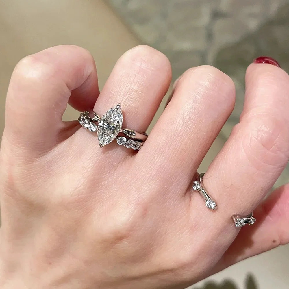 OEVAS 1-3CT Marquise Cut Full Moissanite Ring Set for Women Wedding Band-losil