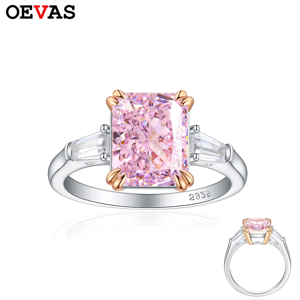 OEVAS 8x10mm 4ct Square Pink High Carbon Diamond Rings For Women 100%-losil
