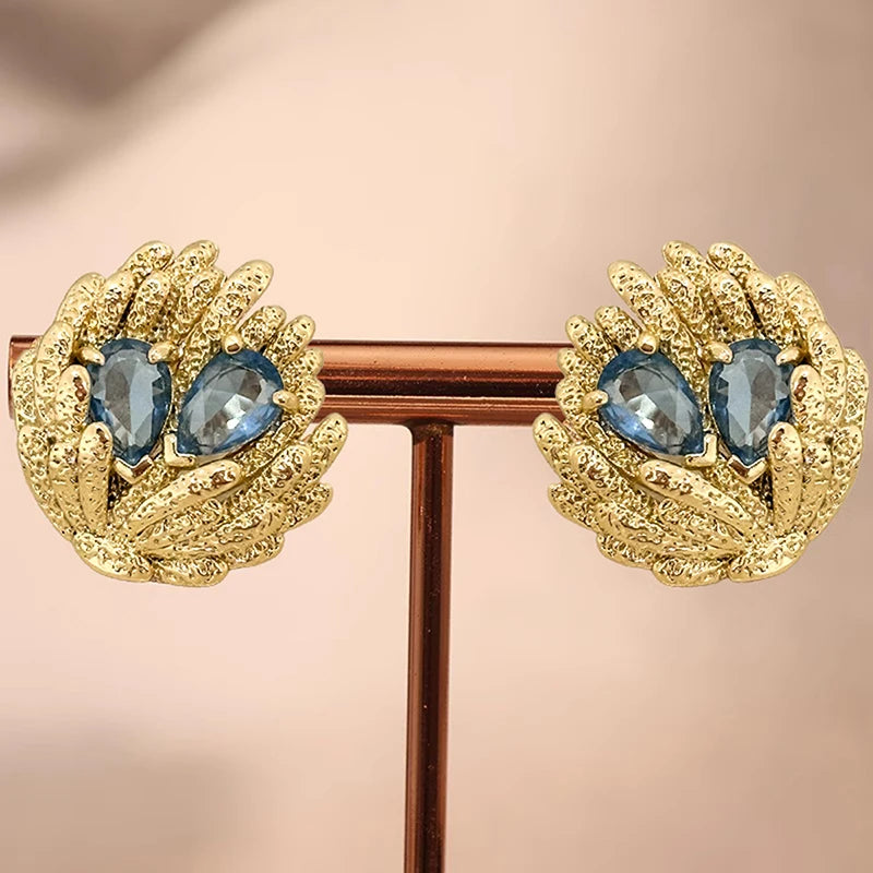 Huitan Dainty Stud Earrings with Blue Cubic Zirconia Unique Irregular Design Piercing-losil